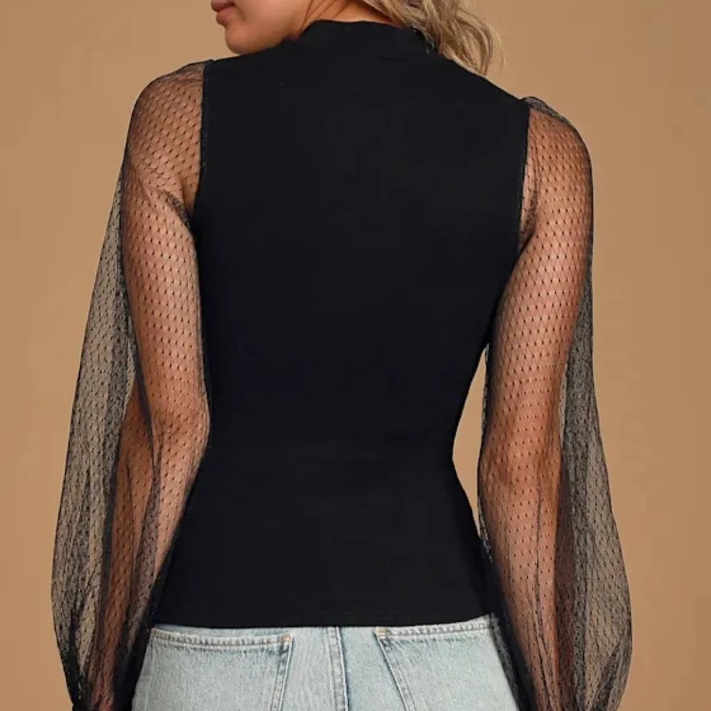 Lulus Black Mesh Balloon Sleeve Mock Neck Try To Keep Up Top Sz S - Picture 2 of 8